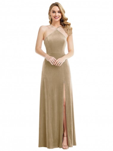 Stretch Velvet Open Back Long Halter Neck A-Line Semi Formal Evening Dress / Prom Dress / Bridesmaid Dress Armadale