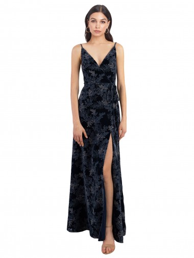 Floral Velvet & Stretch Velvet V-Back Long V-Neck Dark Navy A-Line Bridesmaid Dress Armadale