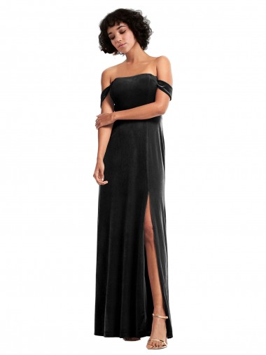 Stretch Velvet Long Off the Shoulder Black A-Line Formal Evening Gown / Prom Dress / Bridesmaid Dress Armadale